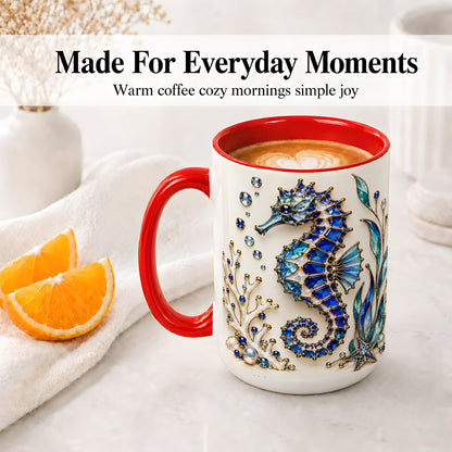 #pl[15oz|Red] Blue Seahorse Ceramic Mug, Faceted Coral and Aquatic Leaf Artwork