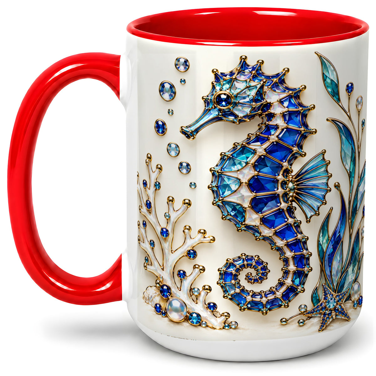 #pl[15oz|Red] Blue Seahorse Ceramic Mug, Faceted Coral and Aquatic Leaf Artwork