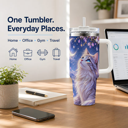 Fantasy Moon Cat Tumbler, 40oz Tumbler with Celestial Floral Artwork