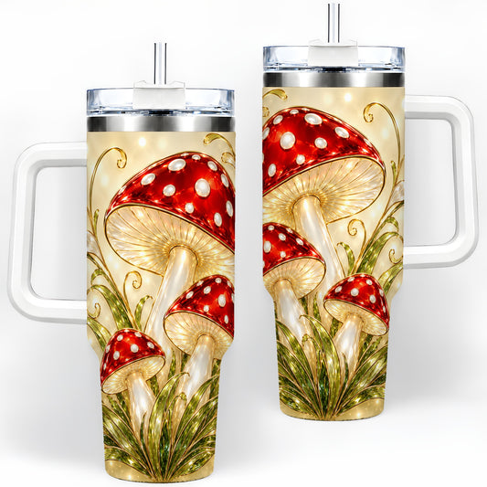 Red Mushroom Botanical Tumbler, 40oz Tumbler with Woodland Artwork