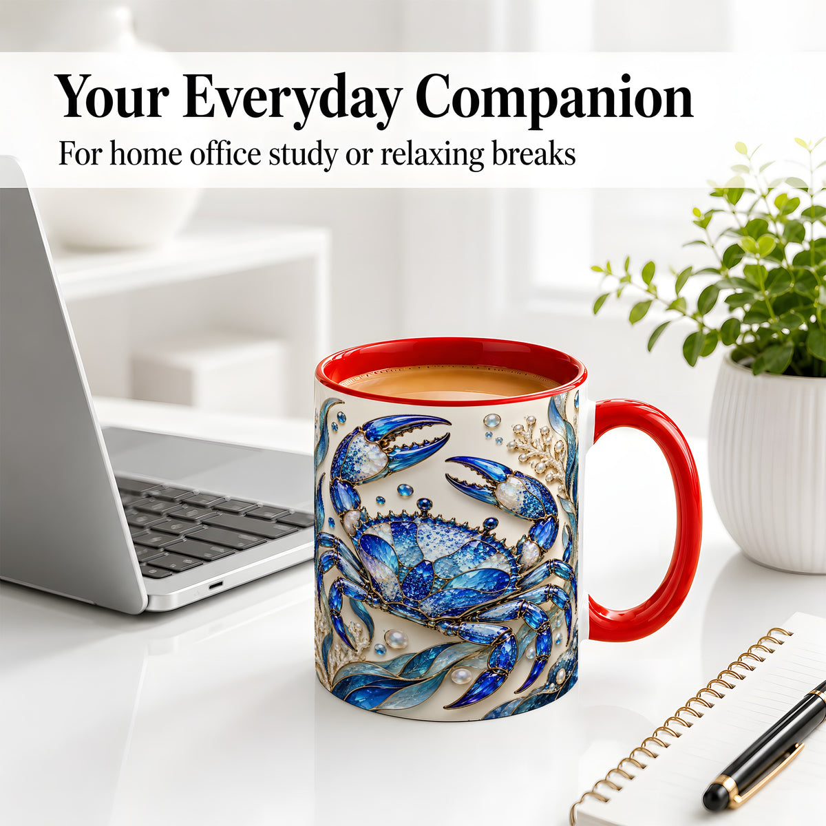 #pl[11oz|Red] Blue Crab Ceramic Mug, Faceted Seaweed Coral and Pearl Artwork