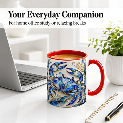 #pl[11oz|Red] Blue Crab Ceramic Mug, Faceted Seaweed Coral and Pearl Artwork