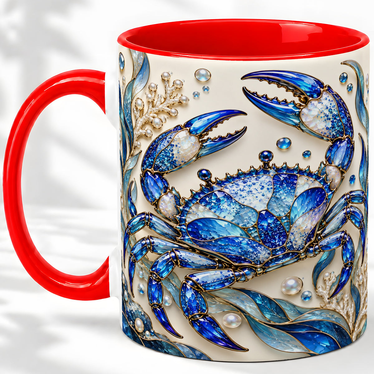Blue Crab Ceramic Mug, Faceted Seaweed Coral and Pearl Artwork