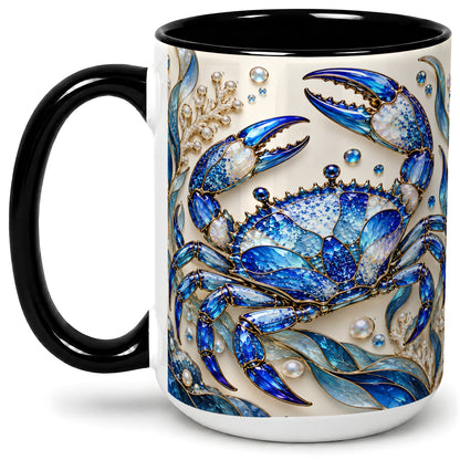 #pl[15oz|Black] Blue Crab Ceramic Mug, Faceted Seaweed Coral and Pearl Artwork
