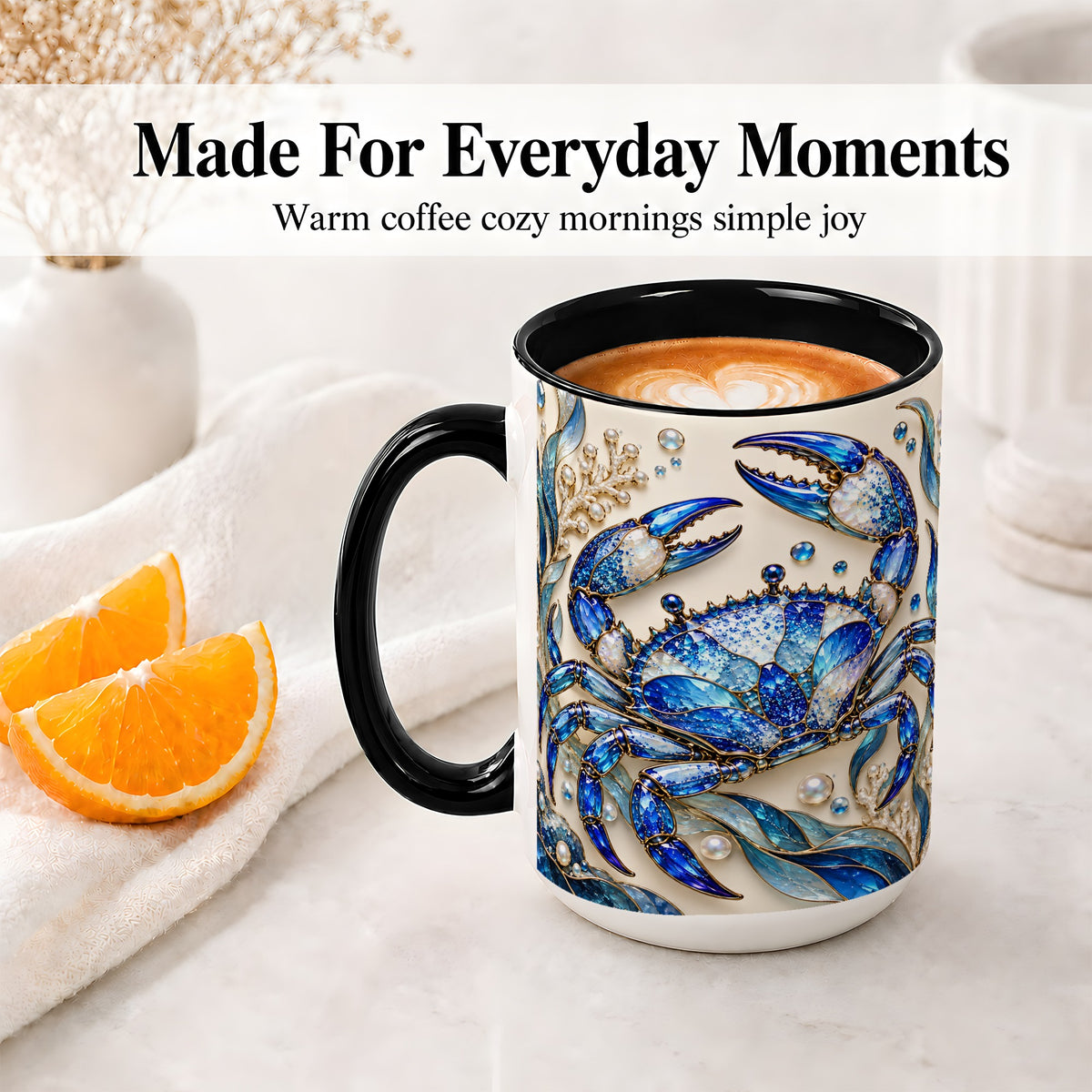 #pl[15oz|Black] Blue Crab Ceramic Mug, Faceted Seaweed Coral and Pearl Artwork