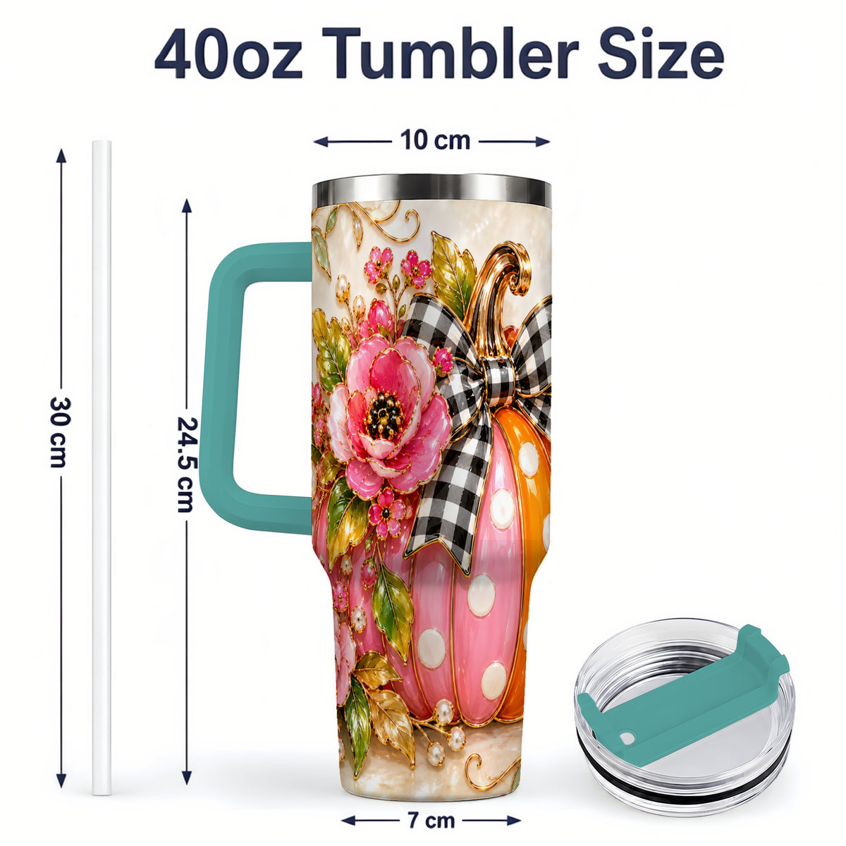 #pl[40oz|Green] Pink Pumpkin Floral Tumbler, 40oz Tumbler with Gingham Bow Artwork