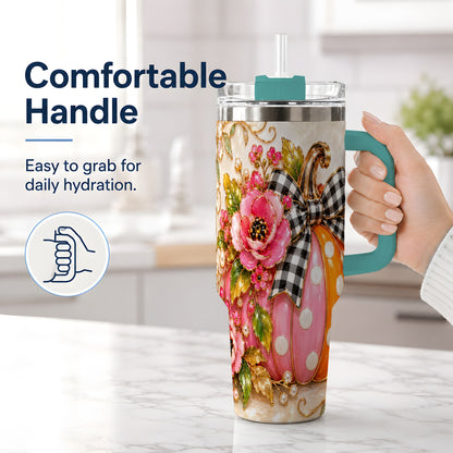 #pl[40oz|Green] Pink Pumpkin Floral Tumbler, 40oz Tumbler with Gingham Bow Artwork