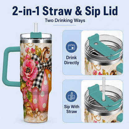 #pl[40oz|Green] Pink Pumpkin Floral Tumbler, 40oz Tumbler with Gingham Bow Artwork