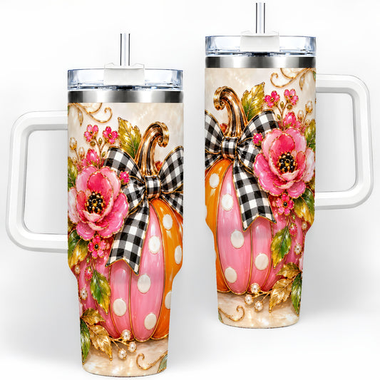 Pink Pumpkin Floral Tumbler, 40oz Tumbler with Gingham Bow Artwork