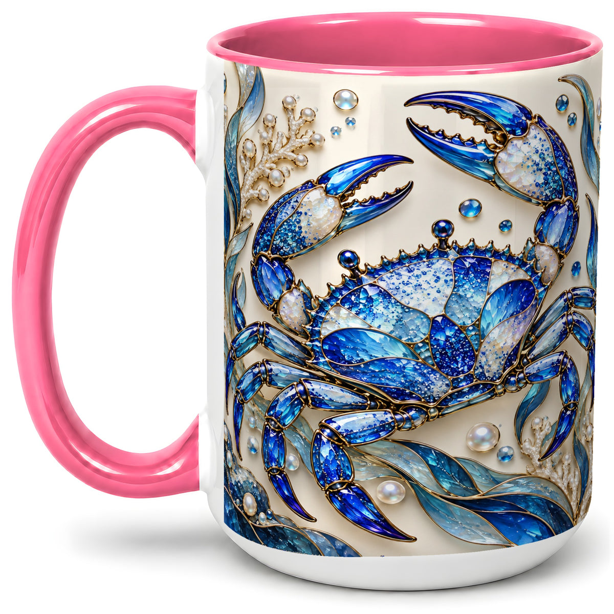 #pl[15oz|Pink] Blue Crab Ceramic Mug, Faceted Seaweed Coral and Pearl Artwork