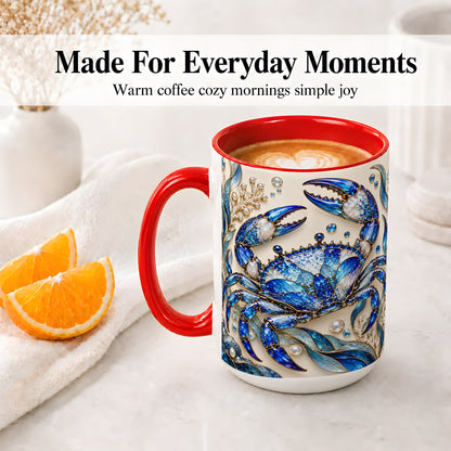 #pl[15oz|Red] Blue Crab Ceramic Mug, Faceted Seaweed Coral and Pearl Artwork