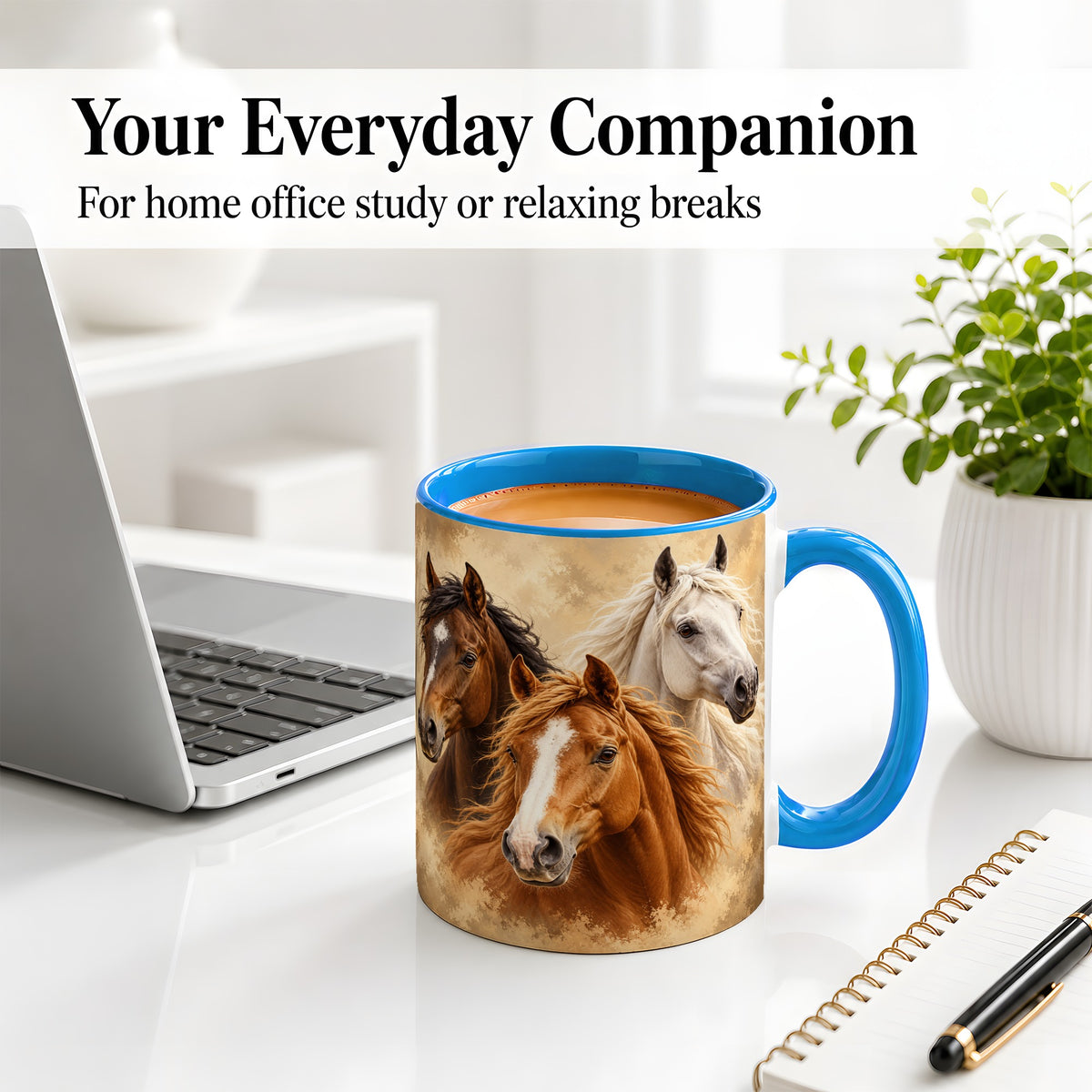 #pl[11oz|Blue] Three Horse Portrait Ceramic Mug, Rustic Equestrian Artwork