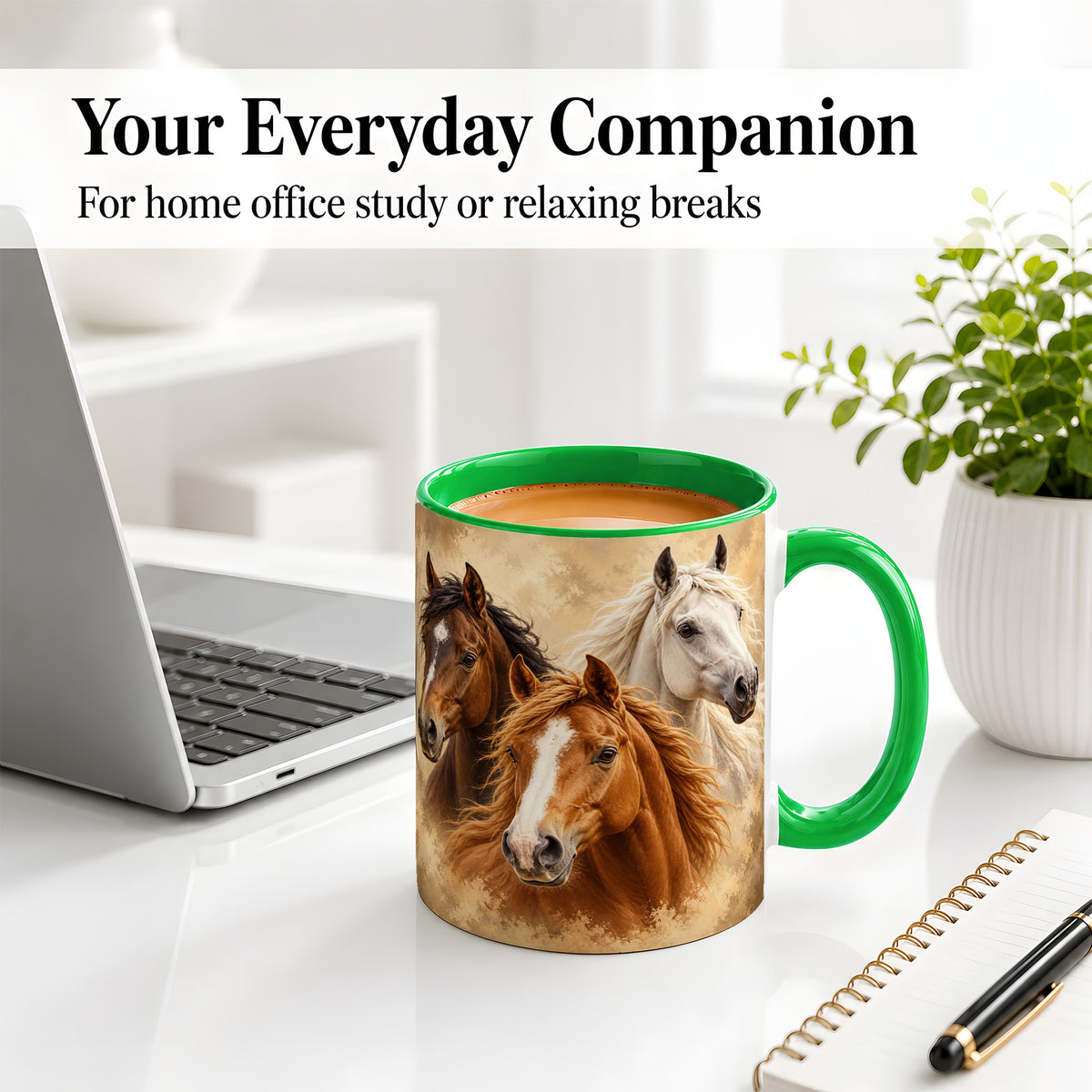 #pl[11oz|Green] Three Horse Portrait Ceramic Mug, Rustic Equestrian Artwork