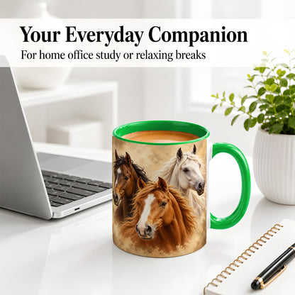 #pl[11oz|Green] Three Horse Portrait Ceramic Mug, Rustic Equestrian Artwork