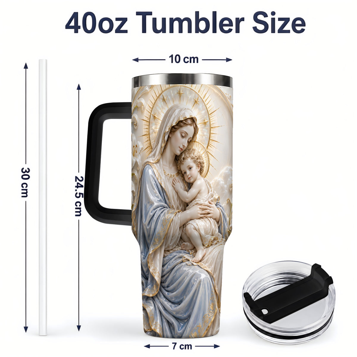 #pl[40oz|Black] Mary and Child 40oz Handled Tumbler with Sacred Floral Artwork