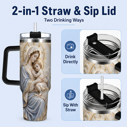 #pl[40oz|Black] Mary and Child 40oz Handled Tumbler with Sacred Floral Artwork
