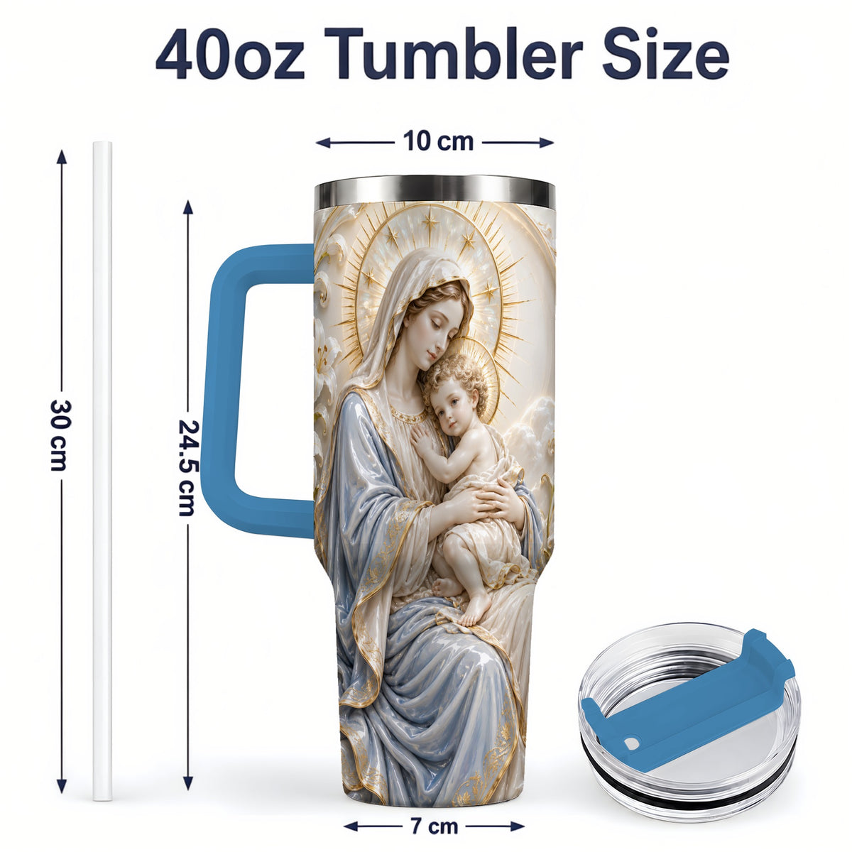 #pl[40oz|Blue] Mary and Child 40oz Handled Tumbler with Sacred Floral Artwork