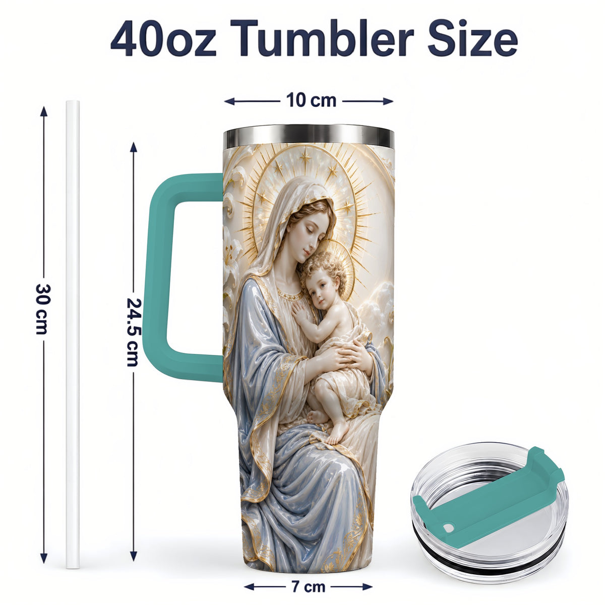 #pl[40oz|Green] Mary and Child 40oz Handled Tumbler with Sacred Floral Artwork