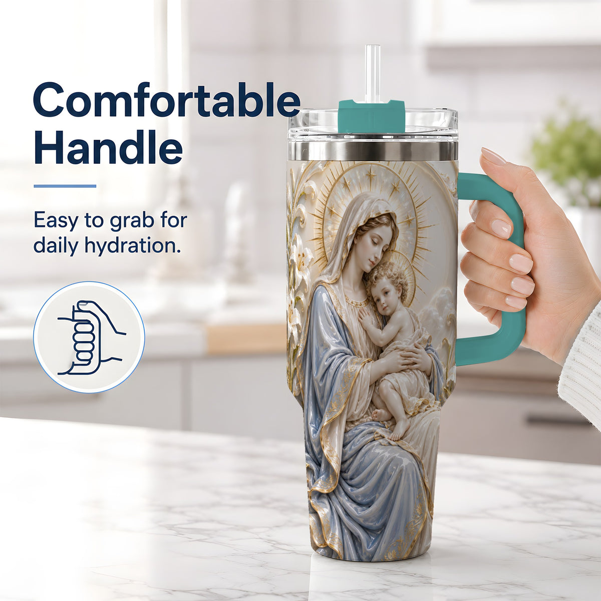#pl[40oz|Green] Mary and Child 40oz Handled Tumbler with Sacred Floral Artwork