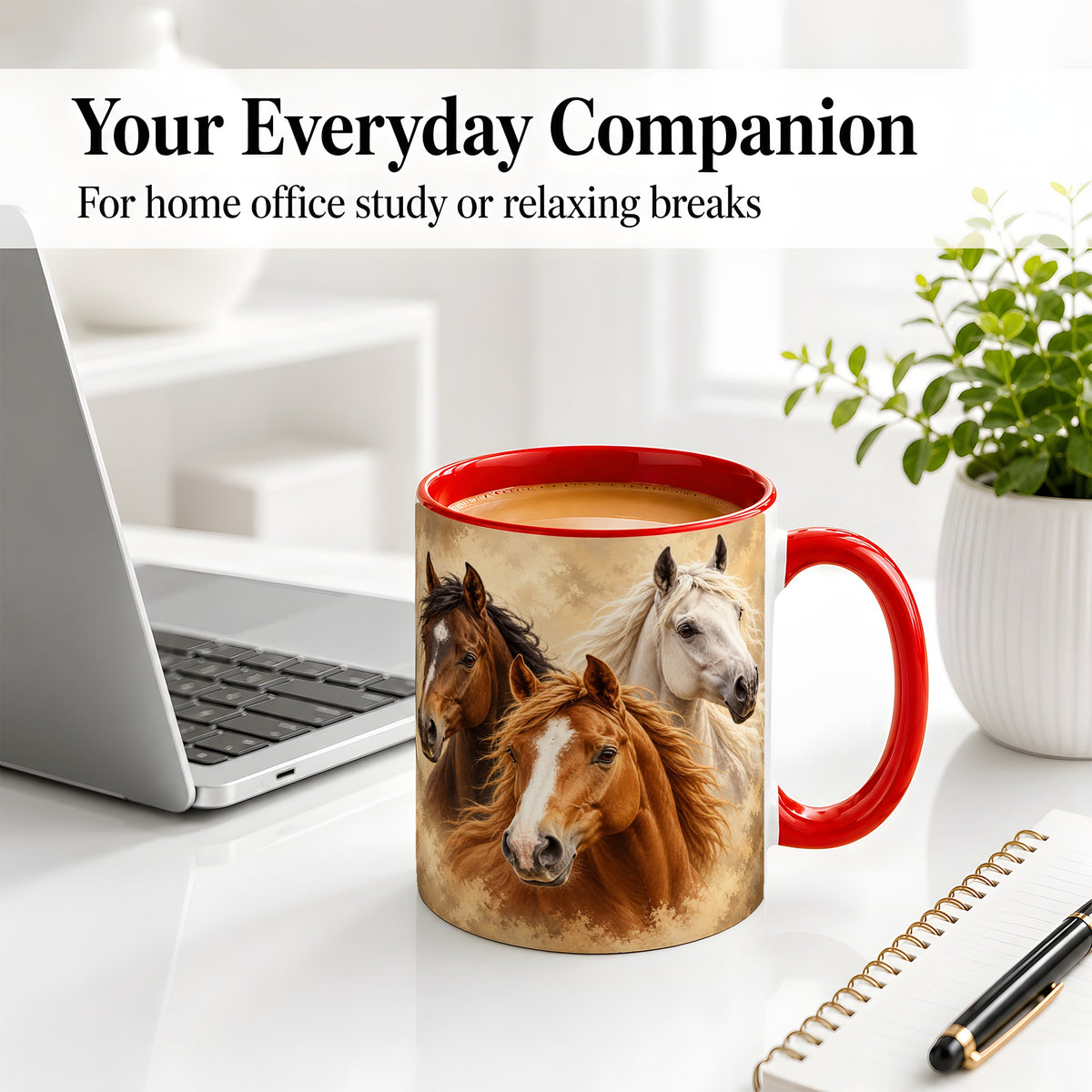 #pl[11oz|Red] Three Horse Portrait Ceramic Mug, Rustic Equestrian Artwork