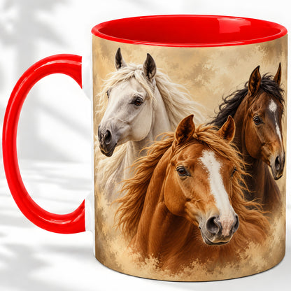 Three Horse Portrait Ceramic Mug, Rustic Equestrian Artwork