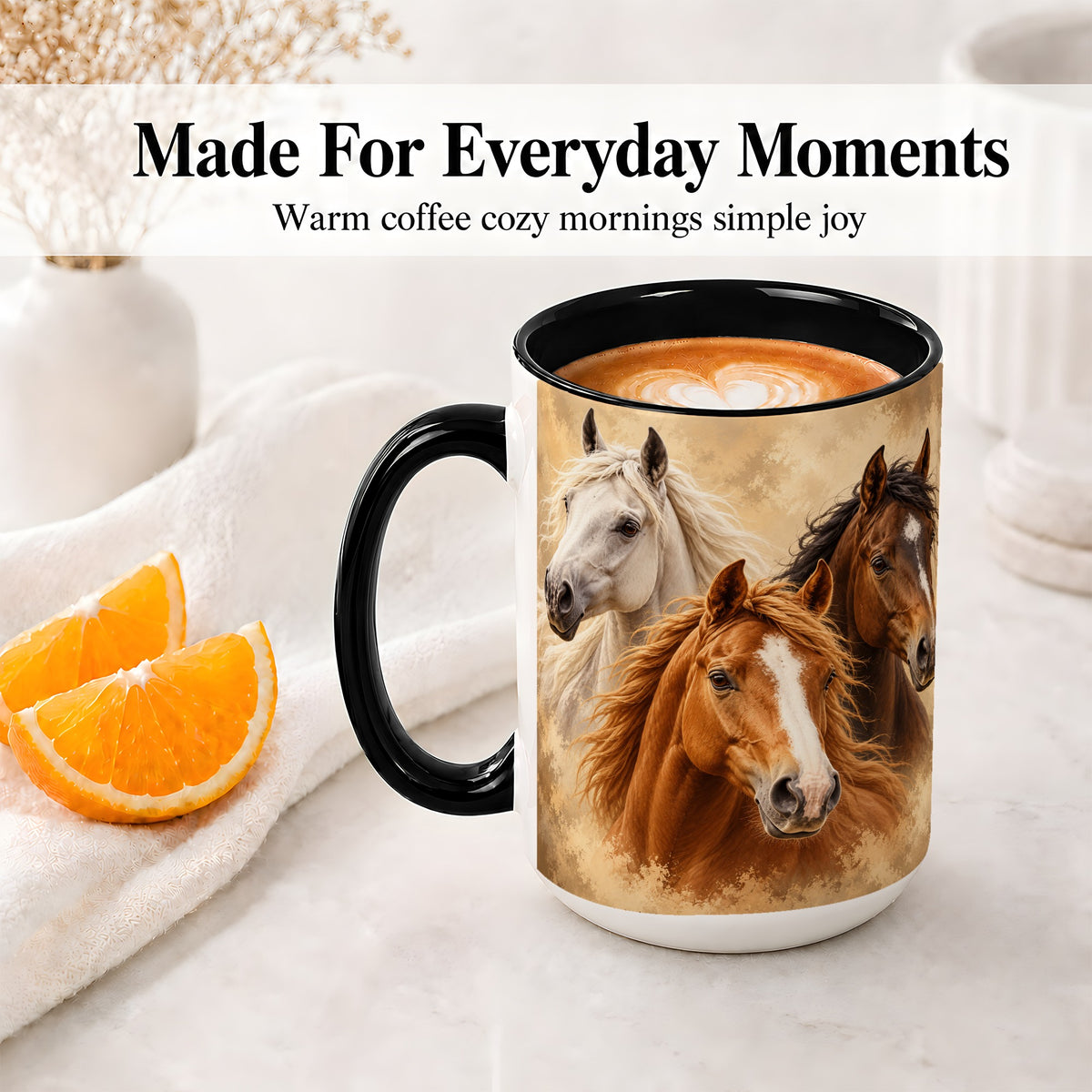 #pl[15oz|Black] Three Horse Portrait Ceramic Mug, Rustic Equestrian Artwork