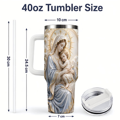 #pl[40oz|White] Mary and Child 40oz Handled Tumbler with Sacred Floral Artwork
