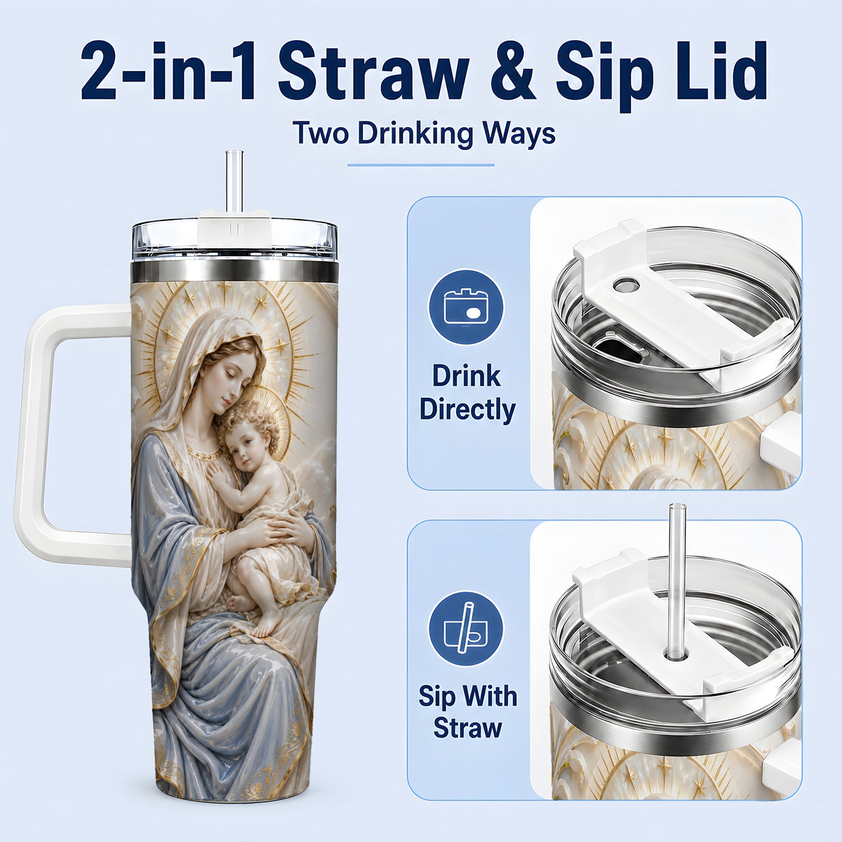 #pl[40oz|White] Mary and Child 40oz Handled Tumbler with Sacred Floral Artwork