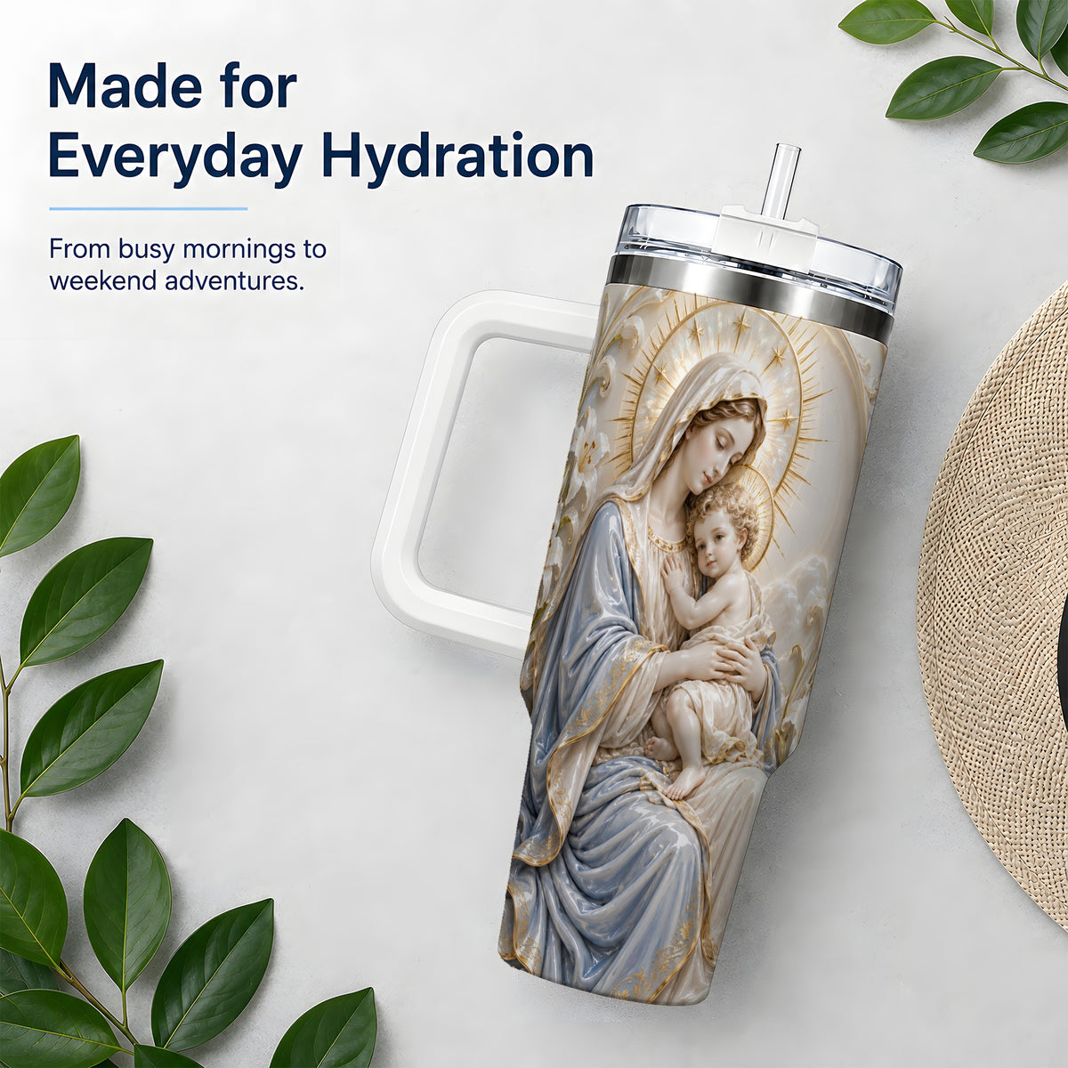 Mary and Child 40oz Handled Tumbler with Sacred Floral Artwork