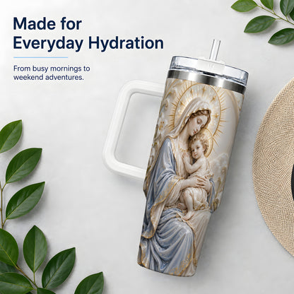 Mary and Child 40oz Handled Tumbler with Sacred Floral Artwork