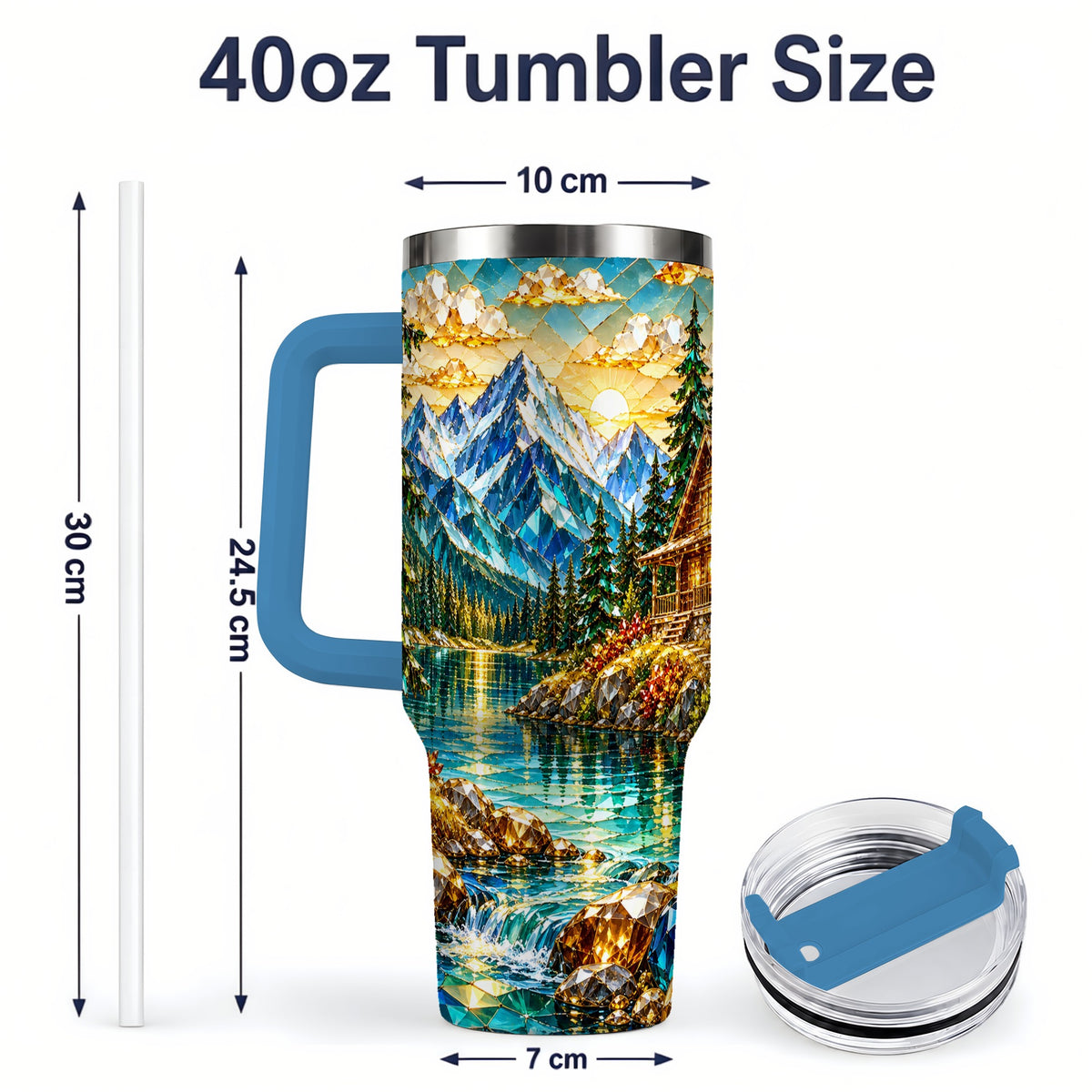 #pl[40oz|Blue] Crystal Mountain Cabin 40oz Handled Tumbler, Stainless Steel Drinkware