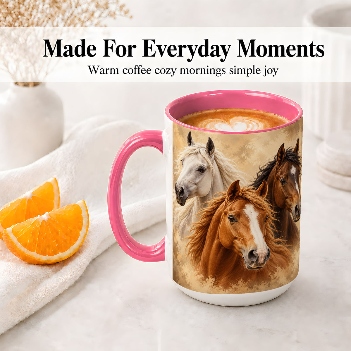 #pl[15oz|Pink] Three Horse Portrait Ceramic Mug, Rustic Equestrian Artwork