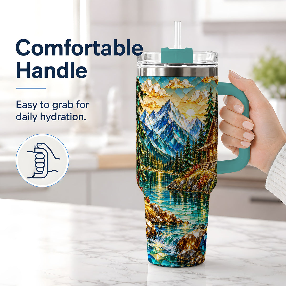 #pl[40oz|Green] Crystal Mountain Cabin 40oz Handled Tumbler, Stainless Steel Drinkware