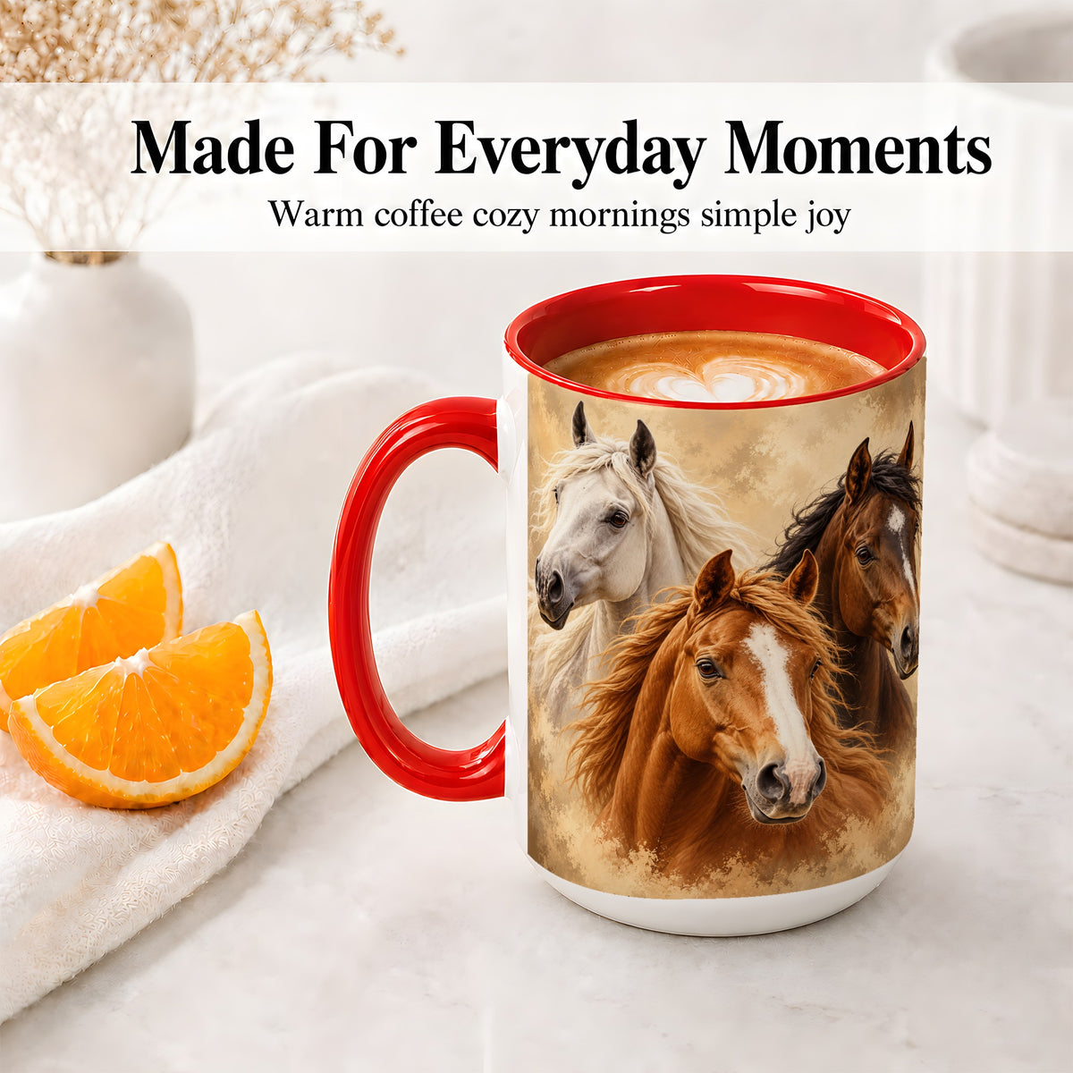 #pl[15oz|Red] Three Horse Portrait Ceramic Mug, Rustic Equestrian Artwork