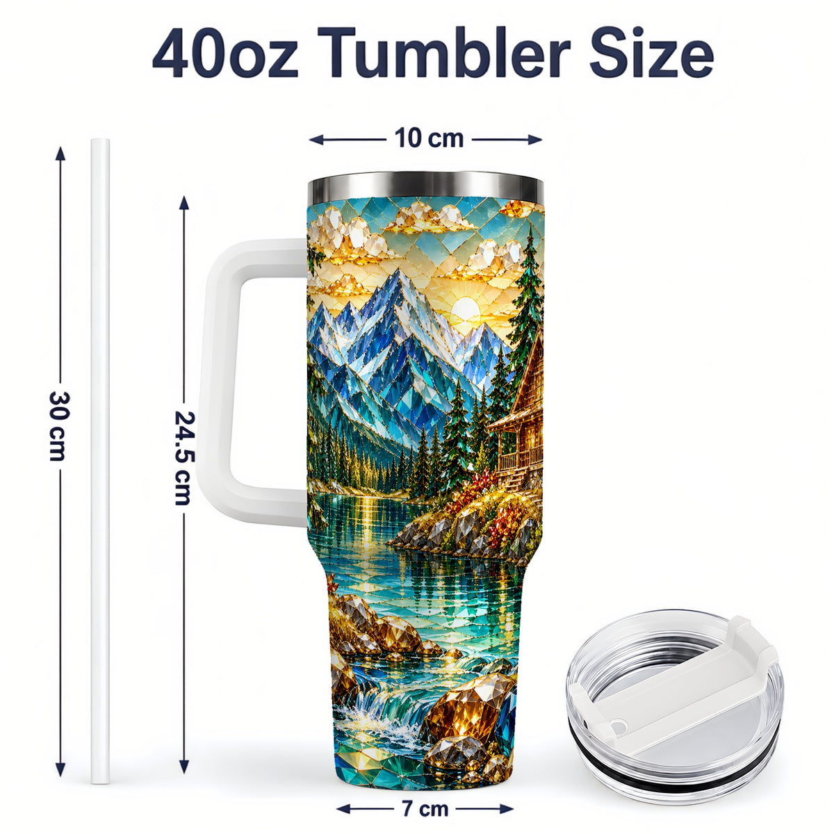 #pl[40oz|White] Crystal Mountain Cabin 40oz Handled Tumbler, Stainless Steel Drinkware