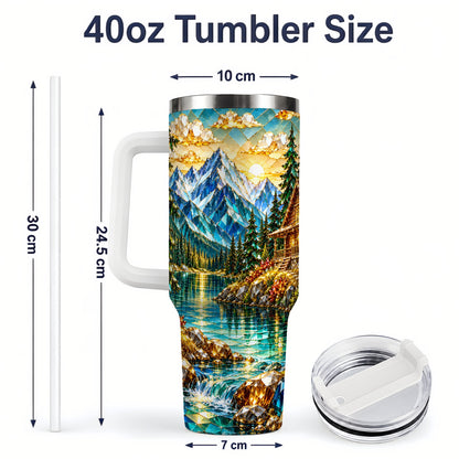 #pl[40oz|White] Crystal Mountain Cabin 40oz Handled Tumbler, Stainless Steel Drinkware