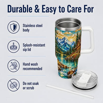 Crystal Mountain Cabin 40oz Handled Tumbler, Stainless Steel Drinkware