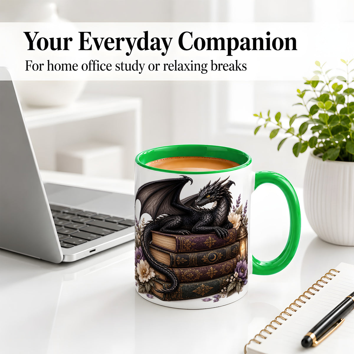 #pl[11oz|Green] Black Dragon Books Ceramic Mug, Gothic Fantasy Floral Artwork