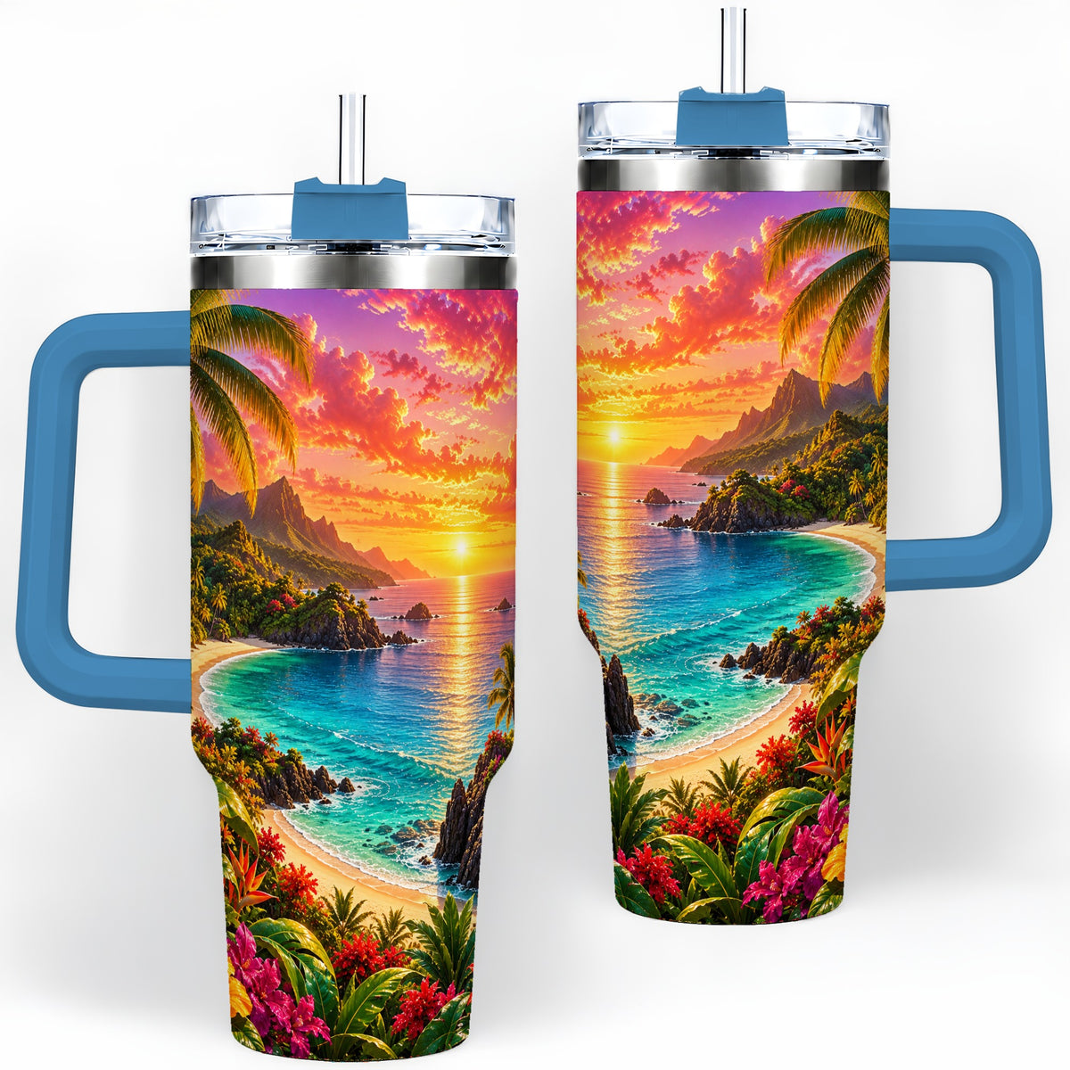 #pl[40oz|Blue] Tropical Sunset 40oz Handled Tumbler with Beach Floral Artwork