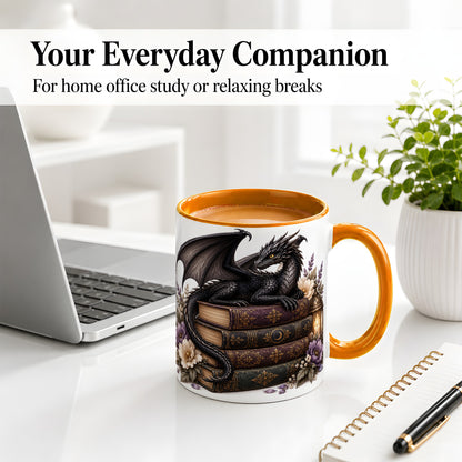 #pl[11oz|Orange] Black Dragon Books Ceramic Mug, Gothic Fantasy Floral Artwork
