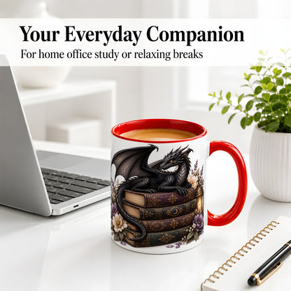 #pl[11oz|Red] Black Dragon Books Ceramic Mug, Gothic Fantasy Floral Artwork
