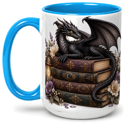 #pl[15oz|Blue] Black Dragon Books Ceramic Mug, Gothic Fantasy Floral Artwork