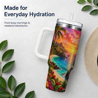 Tropical Sunset 40oz Handled Tumbler with Beach Floral Artwork