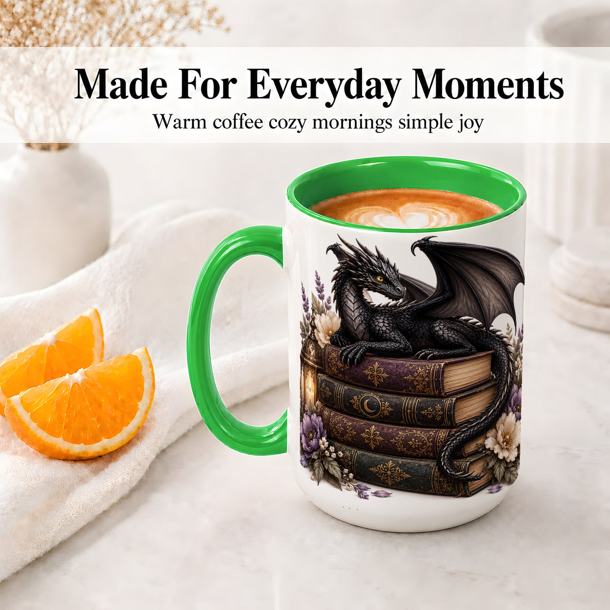 #pl[15oz|Green] Black Dragon Books Ceramic Mug, Gothic Fantasy Floral Artwork