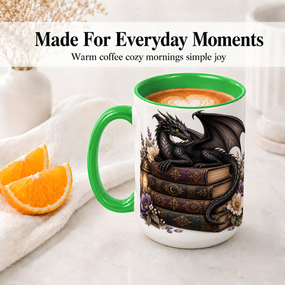 #pl[15oz|Green] Black Dragon Books Ceramic Mug, Gothic Fantasy Floral Artwork
