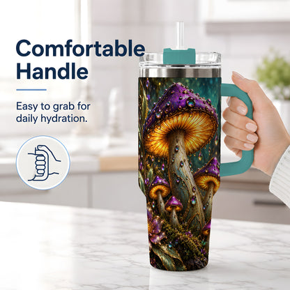 #pl[40oz|Green] Enchanted Mushroom 40oz Handled Tumbler, Stainless Steel Fantasy Art
