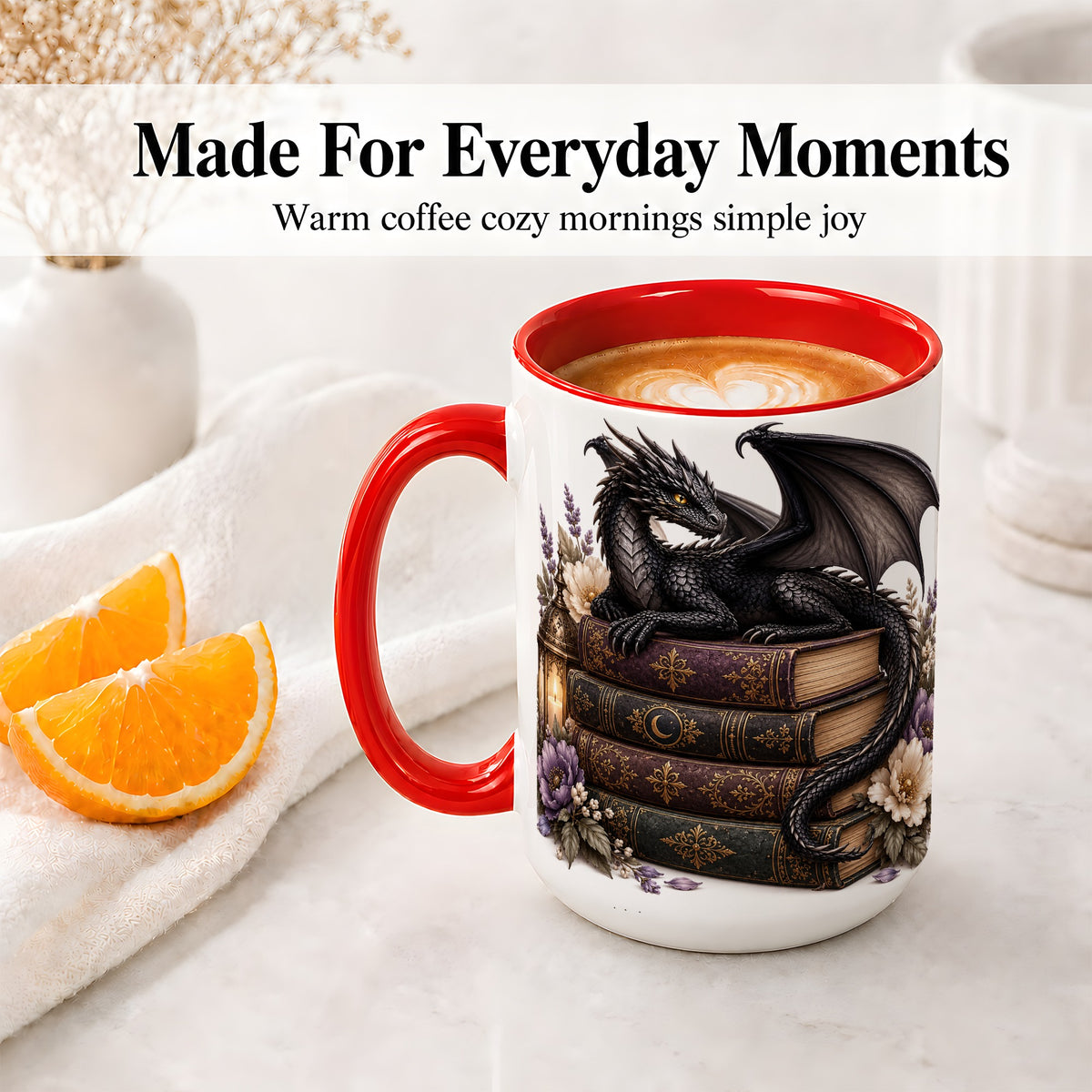 #pl[15oz|Red] Black Dragon Books Ceramic Mug, Gothic Fantasy Floral Artwork