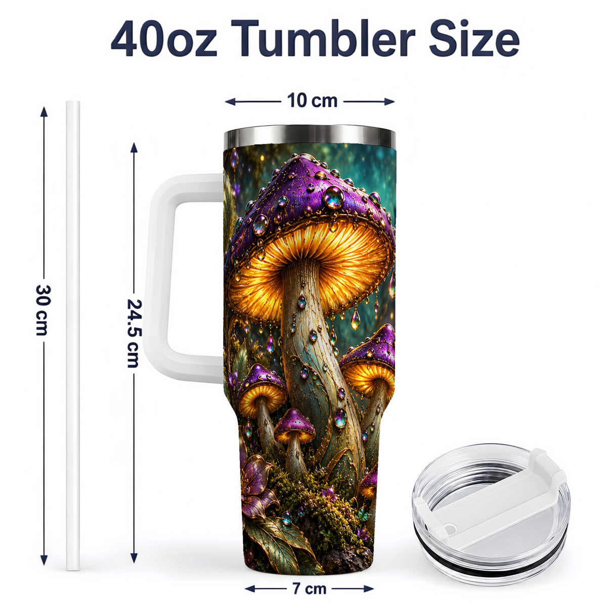 #pl[40oz|White] Enchanted Mushroom 40oz Handled Tumbler, Stainless Steel Fantasy Art