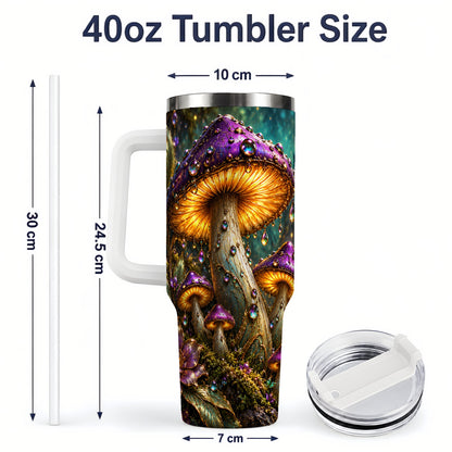 #pl[40oz|White] Enchanted Mushroom 40oz Handled Tumbler, Stainless Steel Fantasy Art
