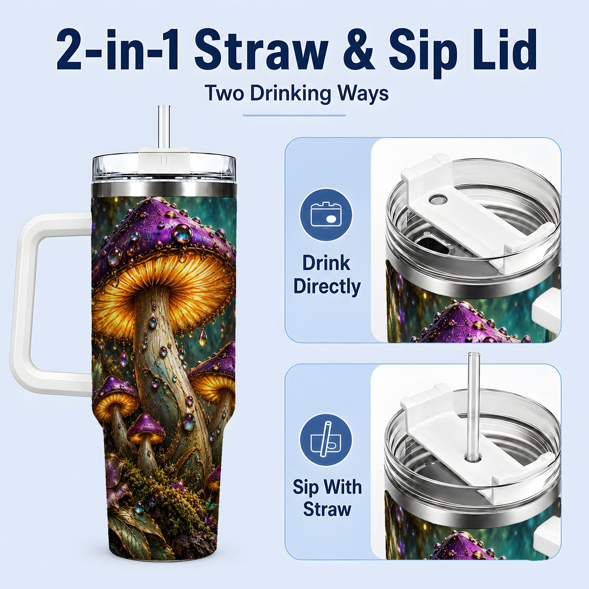 #pl[40oz|White] Enchanted Mushroom 40oz Handled Tumbler, Stainless Steel Fantasy Art